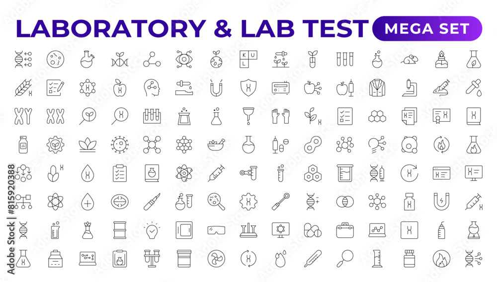 Science and research line icons collection. Thin outline pack. Drug testing, scientific discovery disease prevention signs. Medical healthcare, doctor icons. Chemical formula,  chemistry testing lab.