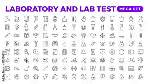 Science and research line icons collection. Thin outline pack. Drug testing, scientific discovery disease prevention signs. Medical healthcare, doctor icons. Chemical formula,  chemistry testing lab.