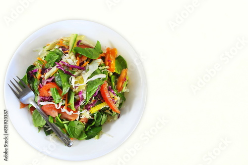  fresh vegetable salad with spinach,cucumber,avocado,tomato,bell pepper,pepper,radish,lettuce,oil,olive,onion,cabbage,palak,beet,kale,bean,feeta cheese,vinegar,white background,copy space top view
