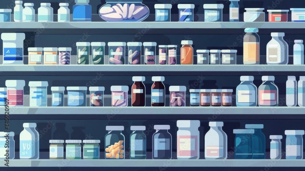Various pharmacy drugs on a shelf Various pharmacy drugs on a shelf