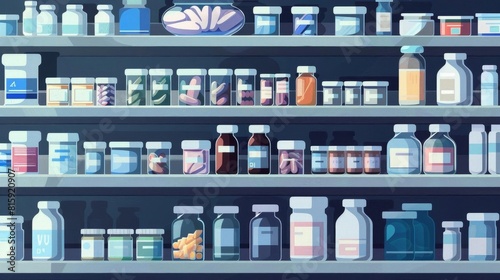 Various pharmacy drugs on a shelf photo