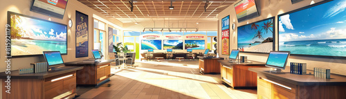 Travel Agency Office Floor: Featuring destination posters, travel brochures, booking desks, and agents assisting customers with vacation plans photo