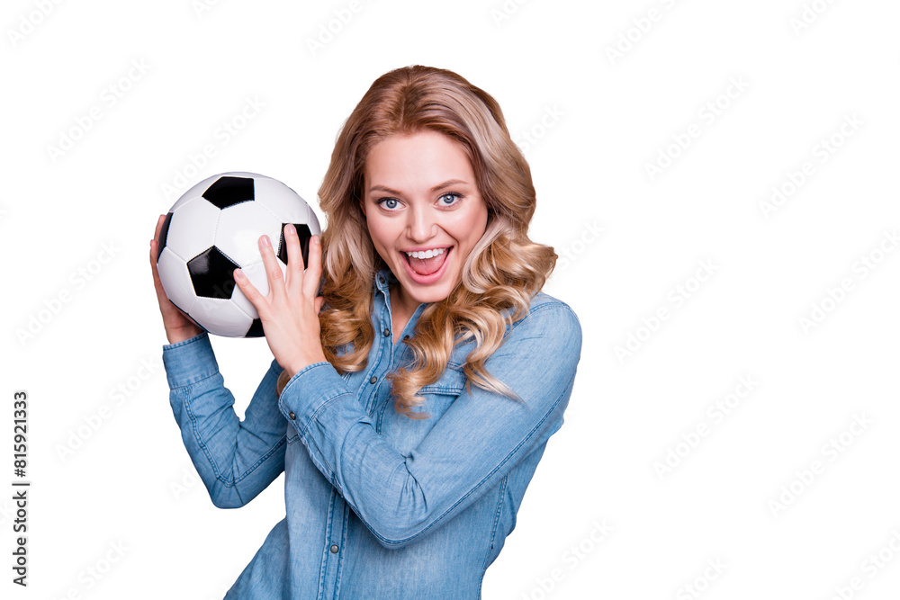 Close-up portrait of nice cute lovely adorable fascinating charming attractive cheerful cheery wavy-haired lady wearing blue shirt holding in hands black and white ball isolated over gray background Close-up portrait of nice cute lovely adorable fascinating charming attractive cheerful cheery wavy-haired lady wearing blue shirt holding in hands black and white ball isolated over gray background