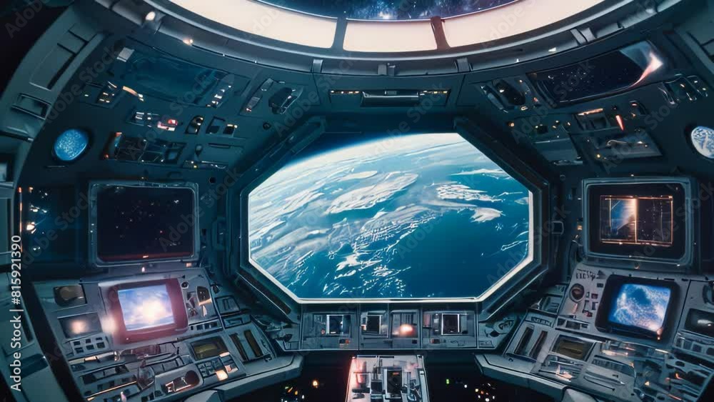 Video animation of interior view from a spacecraft’s cockpit, looking out onto Earth from orbit. The cockpit is surrounded by various control panels with screens, buttons, and readouts Video animation of interior view from a spacecraft’s cockpit, looking out onto Earth from orbit. The cockpit is surrounded by various control panels with screens, buttons, and readouts