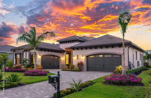 beautiful home in Parkland, Florida with three garage doors and lush landscaping at sunset. The house has grey stucco walls and beige exterior paint photo