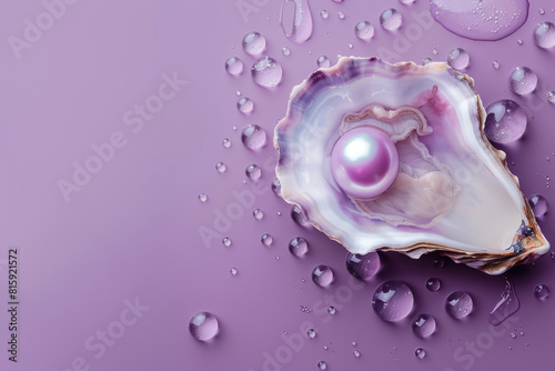  pearl in a glossy oyster shell with vivid purple hues and moisture beads, copy space for text  photo