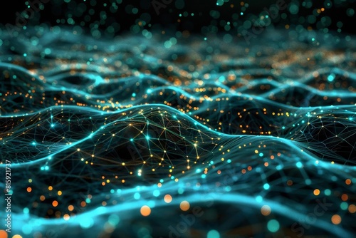 Visualization of network data flowing across a digital landscape