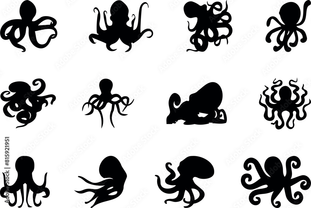 Octopus - sea animal vector silhouette for icon or sign on a sea or ocean theme. Black silhouette of an octopus for a logo or pictogram on the theme of marine life. Octopus - sea animal vector silhouette for icon or sign on a sea or ocean theme. Black silhouette of an octopus for a logo or pictogram on the theme of marine life.