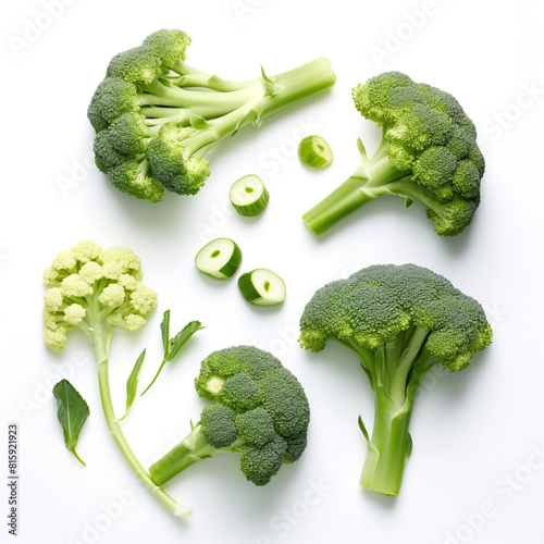whole and sliced inflorescence Broccoli on white background