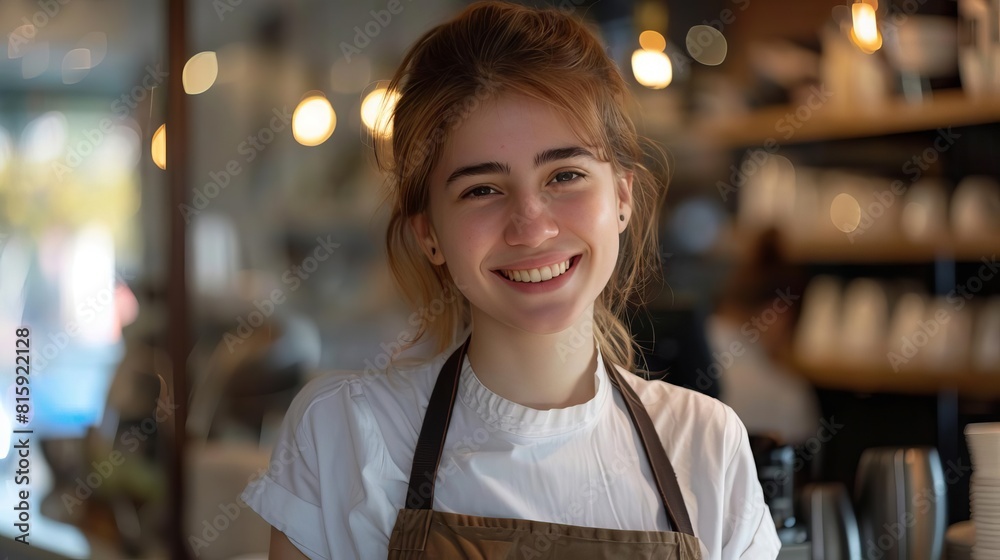 Waitress smiling at the camera in a modern cafe Waitress smiling at the camera in a modern cafe