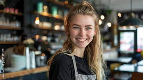 Waitress smiling at the camera in a modern cafe