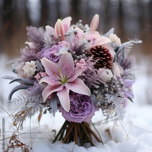 Winter bloom bouquet with lilies peony lavender