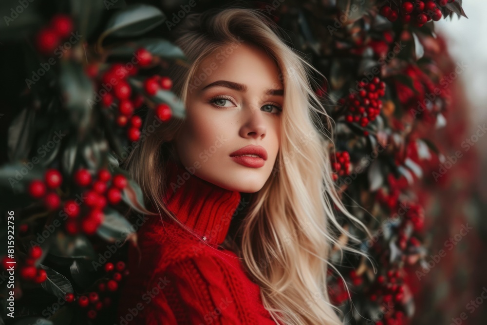Enchanting young woman in a red sweater poses among vibrant red berries