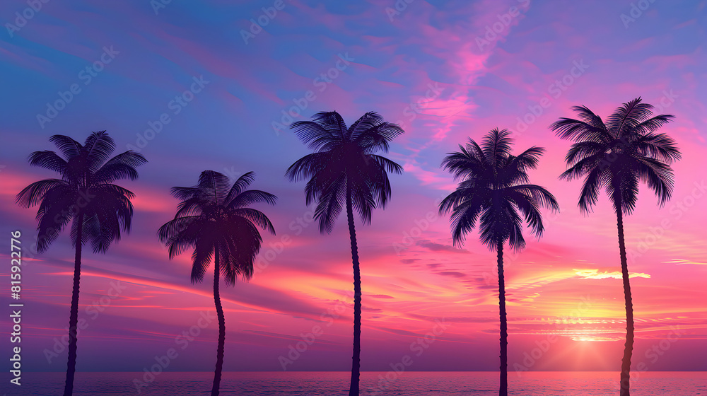 Tropical Tranquility: Palm Trees Silhouetted at Sunset   A Photorealistic Image Capturing the Serene Beauty of Summer Evenings Photo Stock Concept