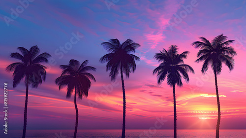 Tropical Tranquility: Palm Trees Silhouetted at Sunset   A Photorealistic Image Capturing the Serene Beauty of Summer Evenings Photo Stock Concept © Gohgah