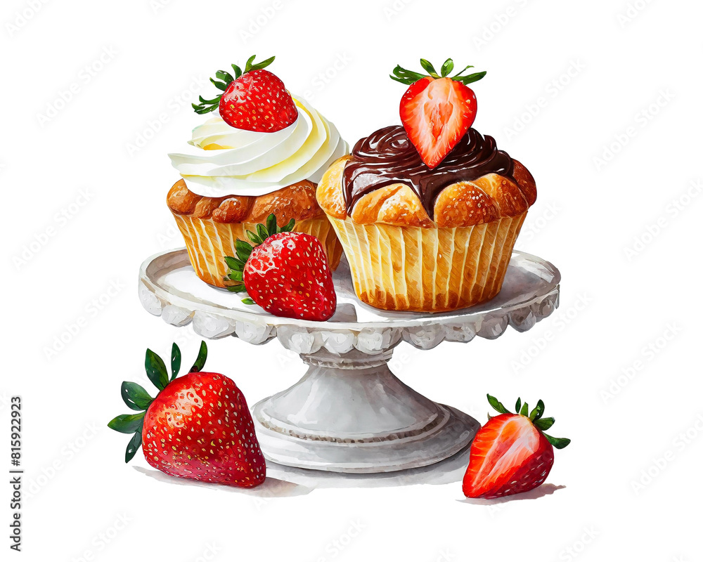 ケーキスタンドに乗せた苺とクリームのカップケーキのイラスト 白背景の切り抜き ケーキスタンドに乗せた苺とクリームのカップケーキのイラスト 白背景の切り抜き