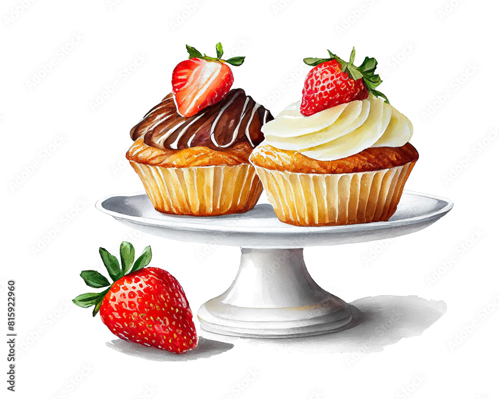 ケーキスタンドに乗せた苺とクリームのカップケーキのイラスト 白背景の切り抜き ケーキスタンドに乗せた苺とクリームのカップケーキのイラスト 白背景の切り抜き