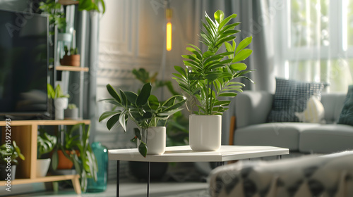 Living room interior with plants and stylish furniture : Generative AI