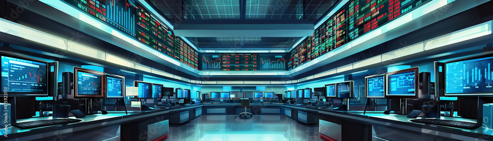 Financial Trading Floor: Displaying trading desks, computer monitors displaying financial data, stock tickers, and traders executing transactions Financial Trading Floor: Displaying trading desks, computer monitors displaying financial data, stock tickers, and traders executing transactions