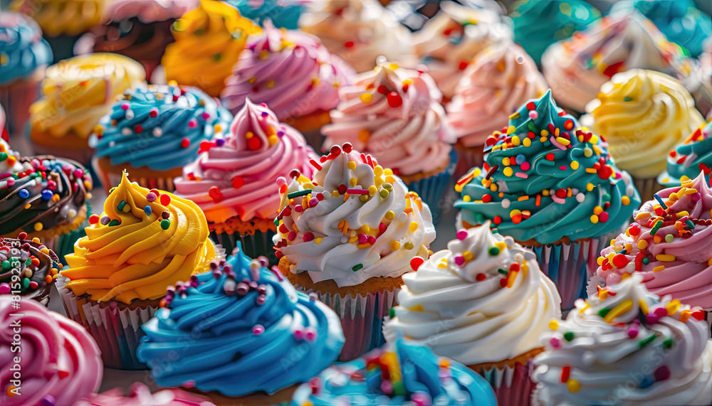 A row of colorful cupcakes with sprinkles on top by AI generated image A row of colorful cupcakes with sprinkles on top by AI generated image