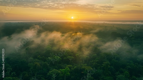 Aerial panorama of the Amazon forest during sunset, the horizon lit by a soft sun, with fog creating a mystical atmosphere