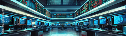Financial Trading Floor: Displaying trading desks, computer monitors displaying financial data, stock tickers, and traders executing transactions
