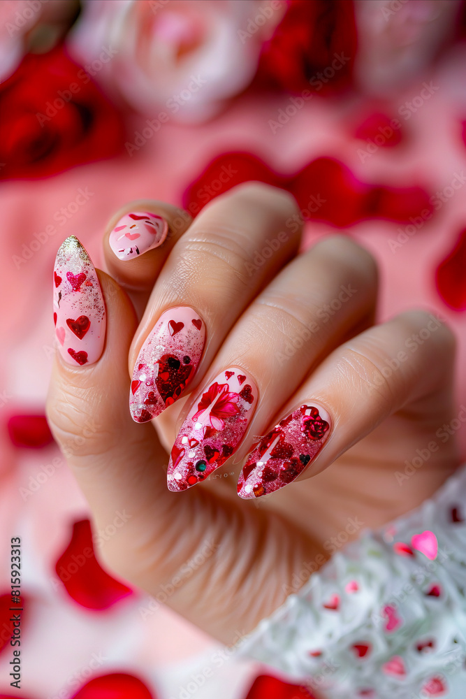 Valentine's day nail art. A person holding up a nail with sprinkles on it. Valentine's day nail art. A person holding up a nail with sprinkles on it.