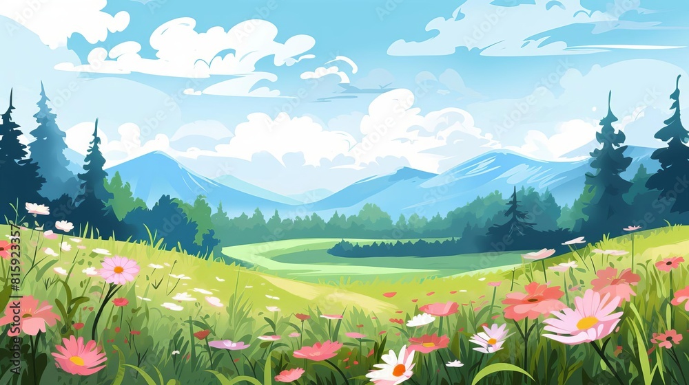 Fototapeta premium wildflowers in a meadow flat design front view natural landscape theme cartoon drawing colored pastel