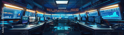 Financial Trading Floor: Displaying trading desks, computer monitors displaying financial data, stock tickers, and traders executing transactions photo