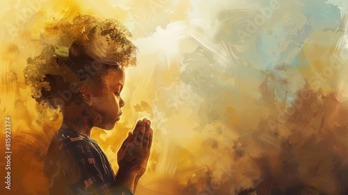 african american youth praying with clasped hands in misty light digital painting photo
