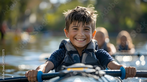A boy with cerebral palsy joyfully rowing with adaptive equipment showcasing resilience, inclusion, and the thrill of water sports © Gohgah