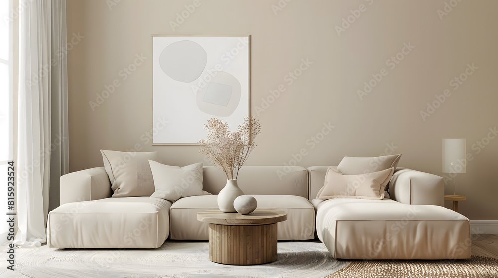 Fototapeta premium Warm and cozy living room with mock up poster frame modern beige sofa wooden oval coffee table vase with dried flowers round pillow vintage carpet and personal accessories Home decor T : Generative AI