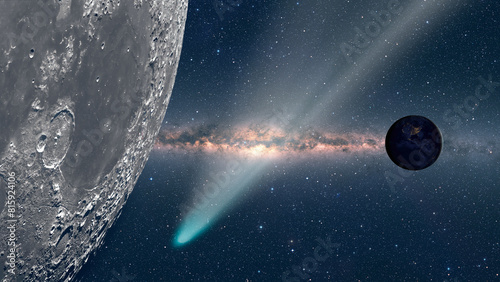 Fototapeta Naklejka Na Ścianę i Meble -  Comet on the space view from moon planet earth in the background 
