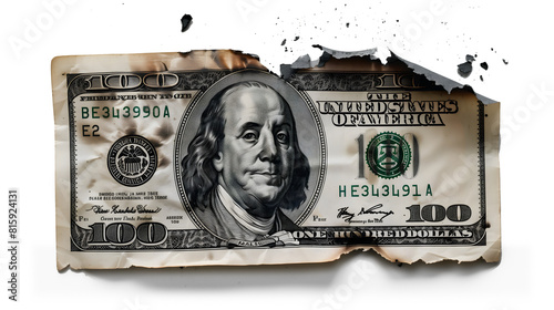 Money 100 dollar bill burned through on transparent background