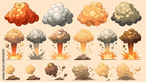 For mobile animations, dynamite danger explosions, atomic comics fire detonators are shown. Clouds, boom effect, smoke elements.