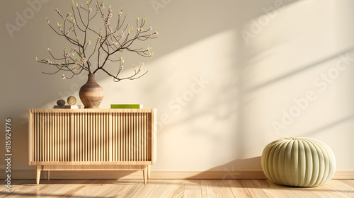 Warm and cozy living room interior with copy space beige sideboard round pouf wooden panels floor vase with branch books green pillow and personal accessories Home decor Template : Generative AI