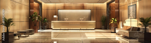 Corporate Office Lobby Floor: Displaying reception areas, waiting lounges, company logos, and corporate branding elements photo