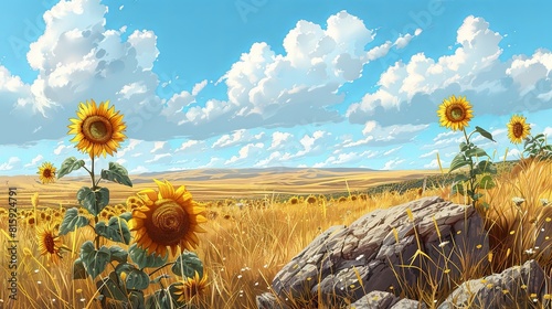 Steppe ecosystem with sunflowers landscape with grassland and flowers