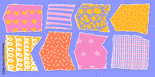 Torn paper frames with jagged edges set. Imitation of colored paper, torn ornate sheets with colorful kids simple patterns. Templates for collage, design. Vintage collage vector illustration.