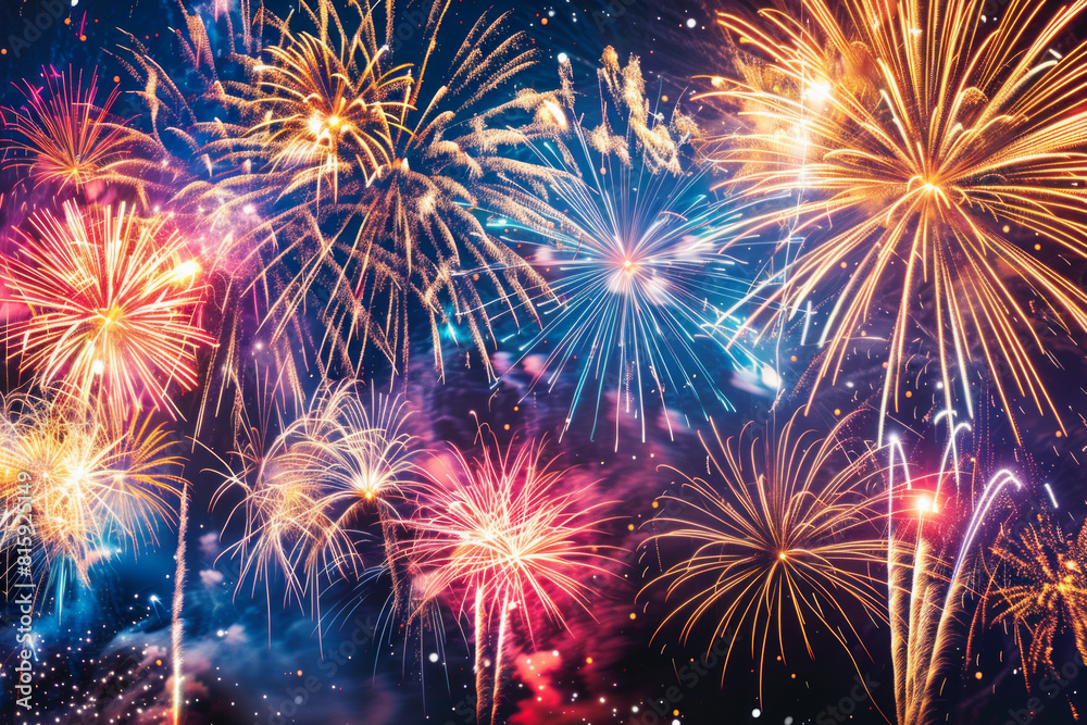 Naklejka premium A spectacular fireworks display illuminating the night sky with bursts of color, sparkle, and brilliance, painting the darkness with vibrant patterns and cascading showers of light.