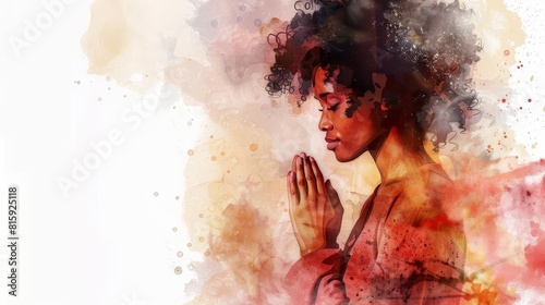 beautiful african american woman praying hands clasped spiritual moment watercolor banner illustration