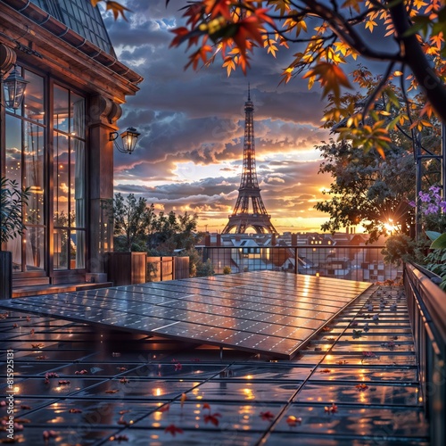 Romantic view of the iconic Tower at sunset from a balcony, framed by autumnal foliage and birds in flight, creating a dreamy and inviting scene. © VITALII