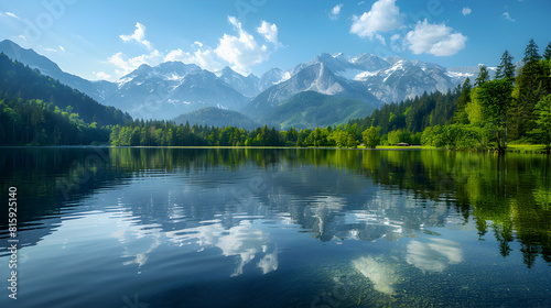 Serene Scenic Lake  Majestic Mountains and Lush Forest Reflection   Summer Retreat Landscape with Copyspace