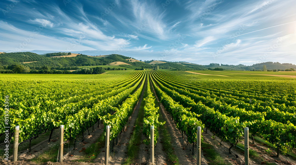 Lush Scenic Vineyard Landscape with Rows of Grapevines and Clear Skies Tranquil Summer Wine Country Atmosphere Lush Scenic Vineyard Landscape with Rows of Grapevines and Clear Skies Tranquil Summer Wine Country Atmosphere
