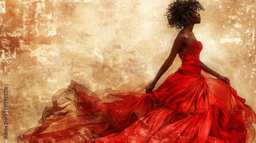 beautiful young black woman in red fantasy ball gown retro vintage fairy tale romance style grunge texture digital painting