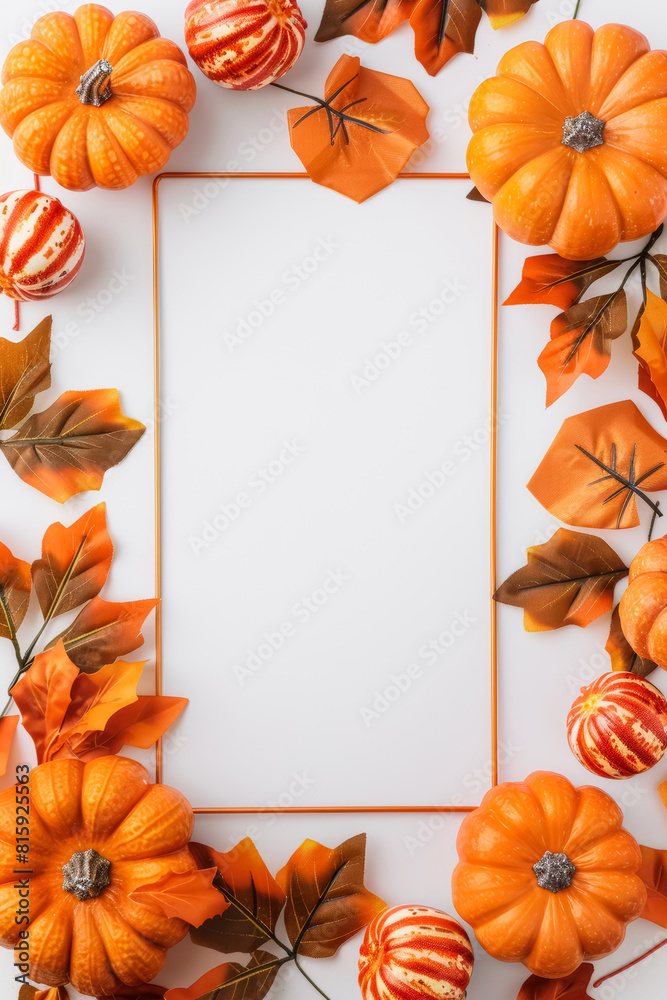 Obraz premium Frame design with orange leaves and pumpkins. Ready to use card, template for Halloween party invitation, season greeting etc. Blank space for text.