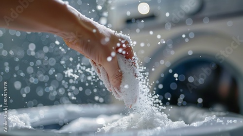 Close-up shot of a hand throwing laundry detergent into the washing machine  capturing the motion and detergent particles  isolated background