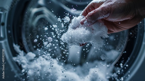 Close-up shot of a hand throwing laundry detergent into the washing machine, capturing the motion and detergent particles, isolated background