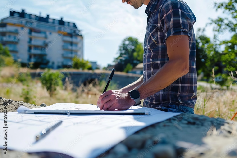 Fototapeta premium Architect reviewing a construction plan outdoors