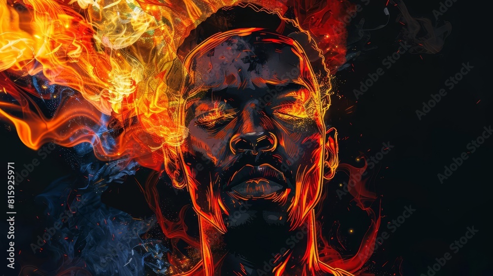 blazing african american man emanating supernatural power fiery portrait on black background illustration blazing african american man emanating supernatural power fiery portrait on black background illustration